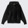 Sudadera con capucha, cremallera y tejido de punto peludo de corte recto – Negro Sudadera con capucha, cremallera y tejido de punto peludo de corte recto – Negro