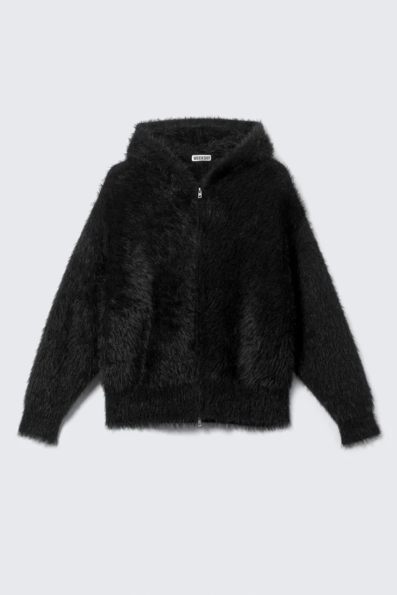 Sudadera con capucha, cremallera y tejido de punto peludo de corte recto – Negro Sudadera con capucha, cremallera y tejido de punto peludo de corte recto – Negro