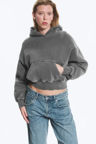 Sudadera con capucha de algodón y forro polar de corte recto – Gris oscuro lavado