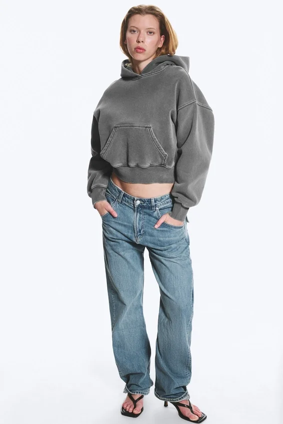 Sudadera con capucha de algodón y forro polar de corte recto – Gris oscuro lavado Sudadera con capucha de algodón y forro polar de corte recto – Gris oscuro lavado