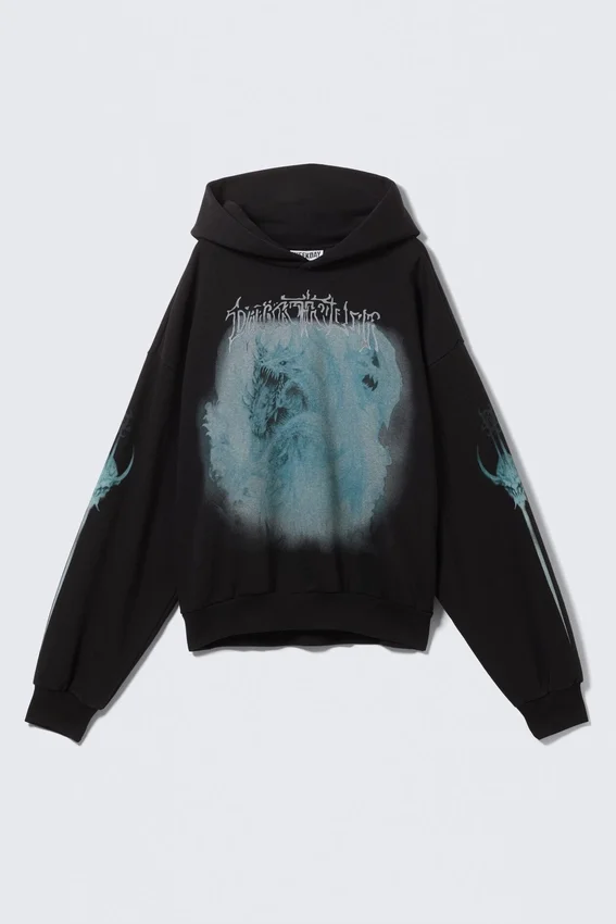 Sudadera con capucha de corte holgado con estampados cuadrados – Negro – Dragón Sudadera con capucha de corte holgado con estampados cuadrados – Negro – Dragón