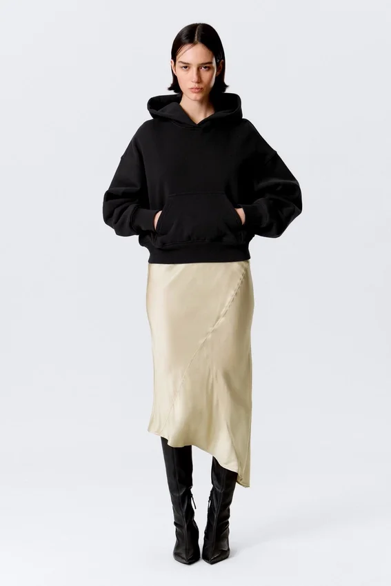 Sudadera con capucha de felpa de algodón de corte recto – Negro Sudadera con capucha de felpa de algodón de corte recto – Negro