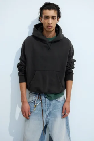 Sudadera con capucha de felpa de algodón de corte recto – Negro lavado