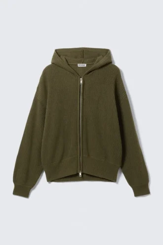 Sudadera con capucha de punto de corte recto – Verde caqui oscuro