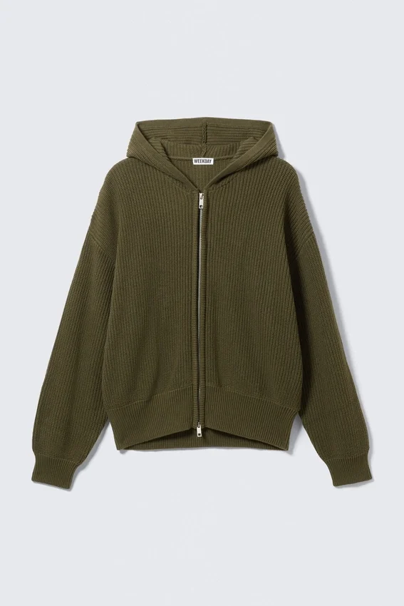Sudadera con capucha de punto de corte recto – Verde caqui oscuro Sudadera con capucha de punto de corte recto – Verde caqui oscuro