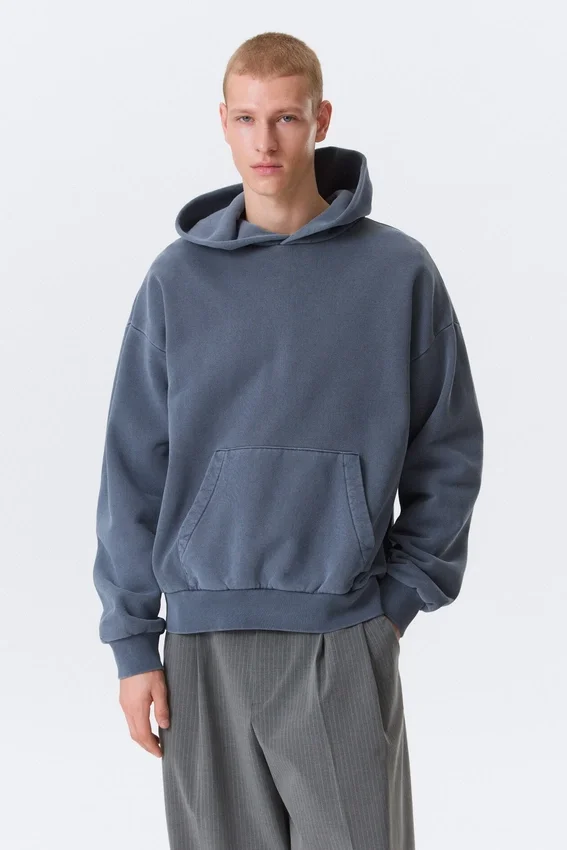 Sudadera con capucha holgada de algodón grueso – Azul oscuro lavado Sudadera con capucha holgada de algodón grueso – Azul oscuro lavado