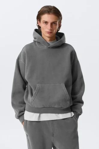 Sudadera con capucha holgada de algodón grueso – Gris oscuro lavado
