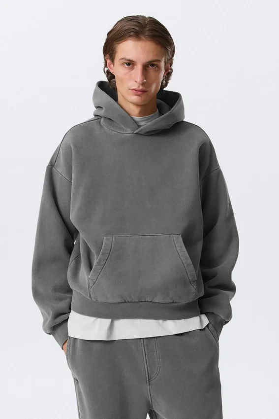 Sudadera con capucha holgada de algodón grueso – Gris oscuro lavado Sudadera con capucha holgada de algodón grueso – Gris oscuro lavado