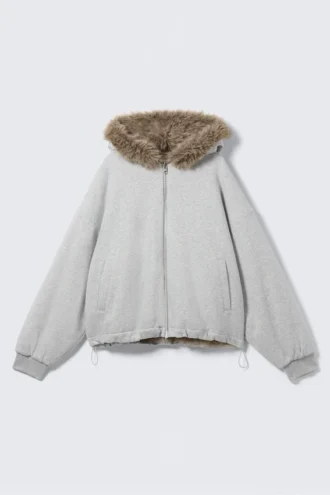 Sudadera con capucha reversible de pelo sintético con cremallera – Gris jaspeado y marrón