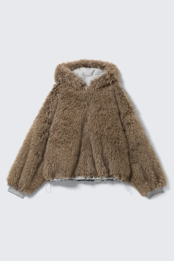 Sudadera con capucha reversible de pelo sintético con cremallera – Gris jaspeado y marrón Sudadera con capucha reversible de pelo sintético con cremallera – Gris jaspeado y marrón
