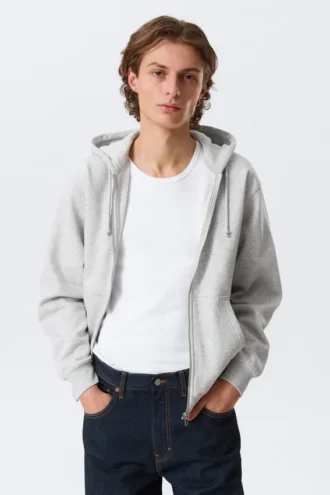 Sudadera con capucha y cremallera clásica – Gris jaspeado