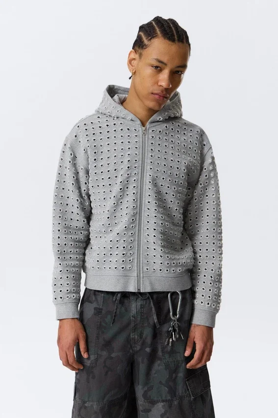 Sudadera con capucha y cremallera con corte láser – Gris jaspeado Sudadera con capucha y cremallera con corte láser – Gris jaspeado