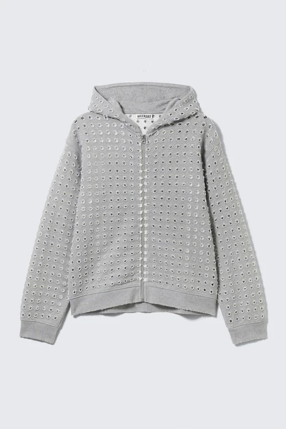 Sudadera con capucha y cremallera con corte láser – Gris jaspeado Sudadera con capucha y cremallera con corte láser – Gris jaspeado