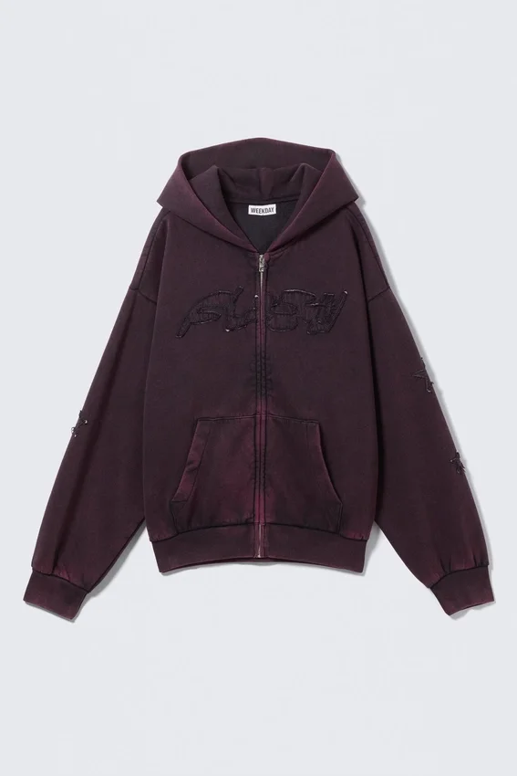 Sudadera con capucha y cremallera con estampados cuadrados – Burdeos Sudadera con capucha y cremallera con estampados cuadrados – Burdeos