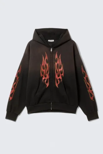 Sudadera con capucha y cremallera con estampados cuadrados – Negro – Worn-Out Flame Sudadera con capucha y cremallera con estampados cuadrados – Negro – Worn-Out Flame