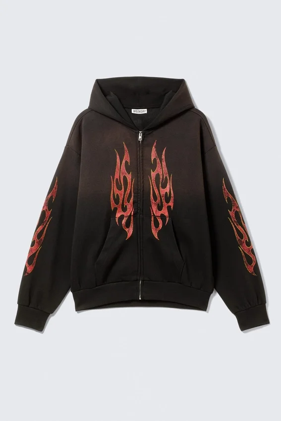 Sudadera con capucha y cremallera con estampados cuadrados – Negro – Worn-Out Flame Sudadera con capucha y cremallera con estampados cuadrados – Negro – Worn-Out Flame