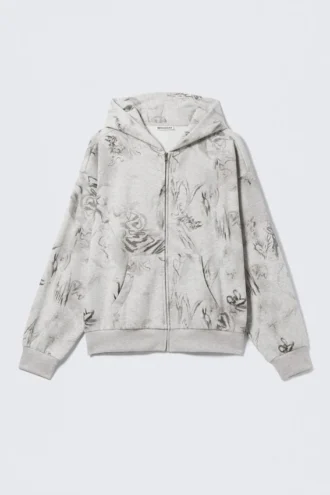 Sudadera con capucha y cremallera con estampados – Gris jaspeado – Estampado de garabatos