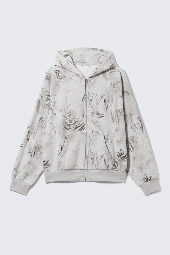 Sudadera con capucha y cremallera con estampados – Gris jaspeado – Estampado de garabatos Sudadera con capucha y cremallera con estampados – Gris jaspeado – Estampado de garabatos