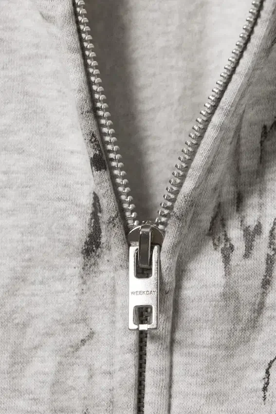 Sudadera con capucha y cremallera con estampados – Gris jaspeado – Estampado de garabatos Sudadera con capucha y cremallera con estampados – Gris jaspeado – Estampado de garabatos