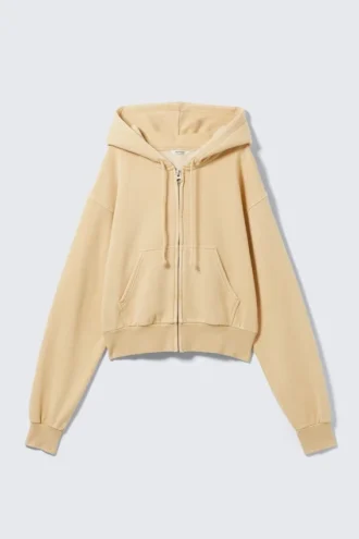 Sudadera con capucha y cremallera corta – Beige claro lavado