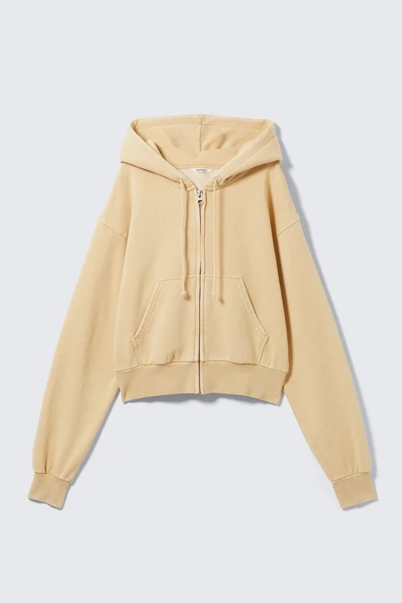Sudadera con capucha y cremallera corta – Beige claro lavado Sudadera con capucha y cremallera corta – Beige claro lavado