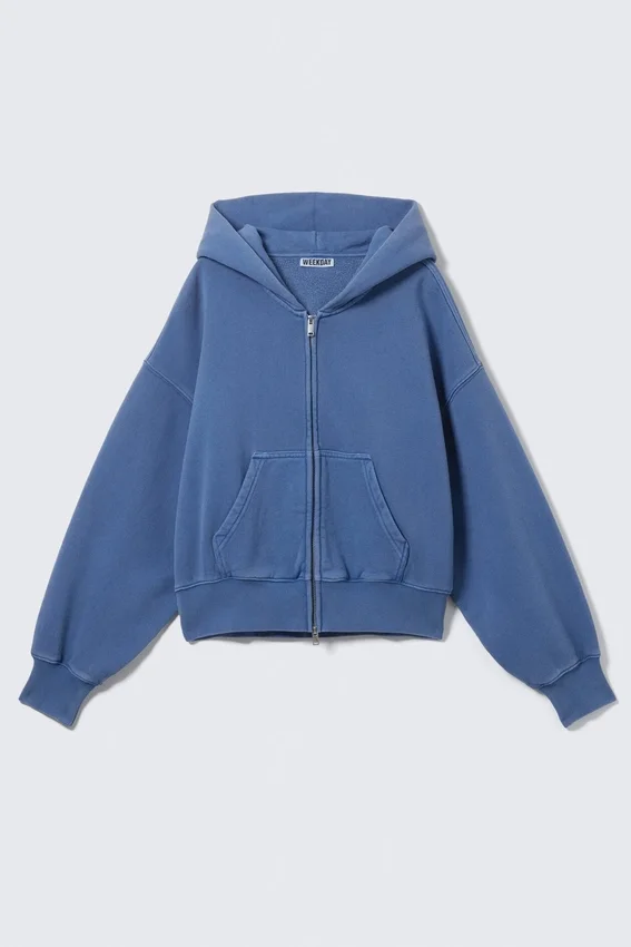 Sudadera con capucha y cremallera, corte recto y largo corto – Azul lavado Sudadera con capucha y cremallera, corte recto y largo corto – Azul lavado