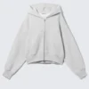 Sudadera con capucha y cremallera, corte recto y largo corto – Gris jaspeado