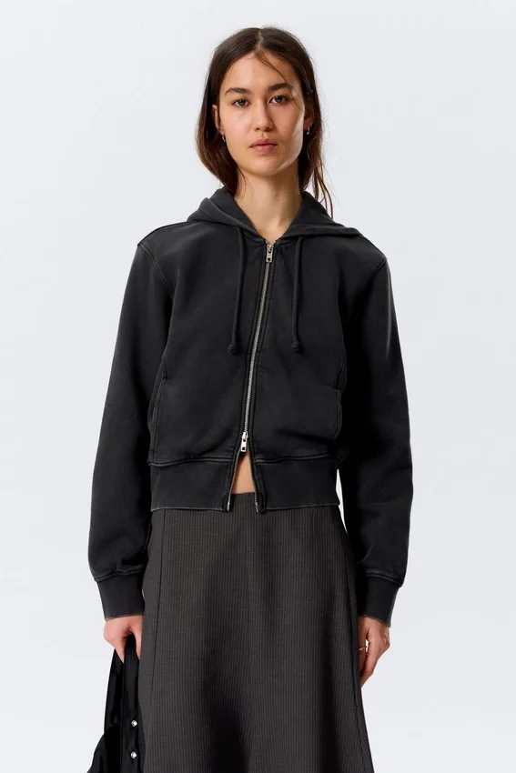Sudadera con capucha y cremallera de algodón ajustada – Negro lavado Sudadera con capucha y cremallera de algodón ajustada – Negro lavado