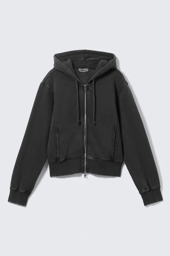 Sudadera con capucha y cremallera de algodón ajustada – Negro lavado Sudadera con capucha y cremallera de algodón ajustada – Negro lavado