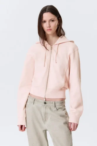 Sudadera con capucha y cremallera de algodón entallada – Rosa claro lavado