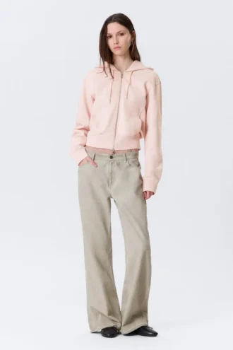 Sudadera con capucha y cremallera de algodón entallada – Rosa claro lavado