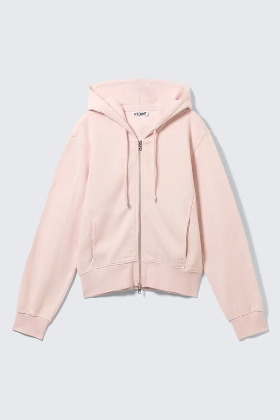 Sudadera con capucha y cremallera de algodón entallada – Rosa claro lavado Sudadera con capucha y cremallera de algodón entallada – Rosa claro lavado