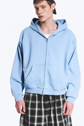 Sudadera con capucha y cremallera de corte holgado – Azul claro lavado