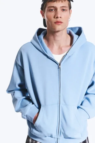 Sudadera con capucha y cremallera de corte holgado – Azul claro lavado
