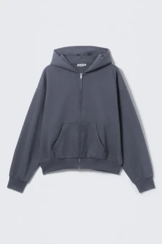 Sudadera con capucha y cremallera de corte holgado – Azul lavado