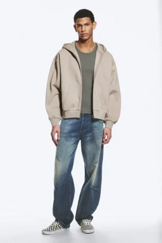 Sudadera con capucha y cremallera de corte holgado – Beige claro