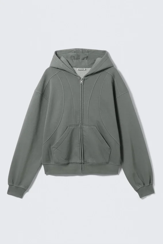 Sudadera con capucha y cremallera de corte holgado – Gris Sudadera con capucha y cremallera de corte holgado – Gris