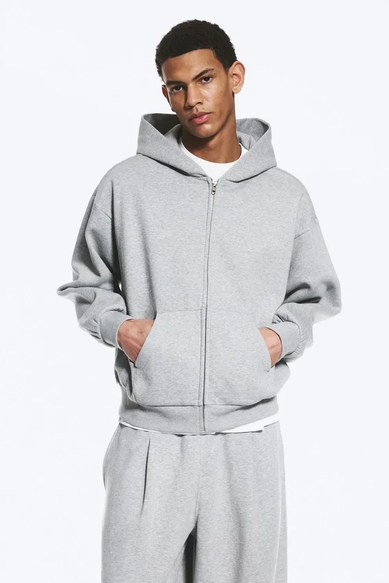 Sudadera con capucha y cremallera de corte holgado – Gris jaspeado Sudadera con capucha y cremallera de corte holgado – Gris jaspeado