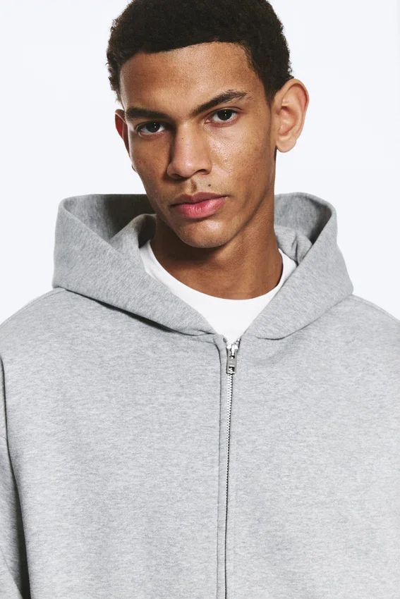 Sudadera con capucha y cremallera de corte holgado – Gris jaspeado Sudadera con capucha y cremallera de corte holgado – Gris jaspeado