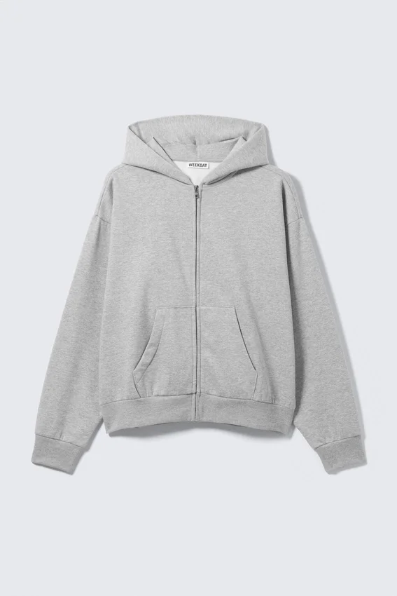 Sudadera con capucha y cremallera de corte holgado – Gris jaspeado Sudadera con capucha y cremallera de corte holgado – Gris jaspeado