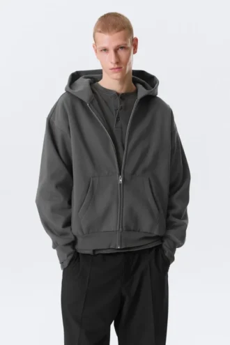 Sudadera con capucha y cremallera de corte holgado – Gris oscuro