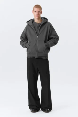 Sudadera con capucha y cremallera de corte holgado – Gris oscuro
