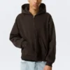 Sudadera con capucha y cremallera de corte holgado – Marrón oscuro