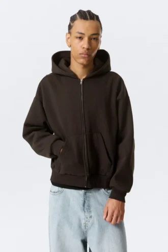 Sudadera con capucha y cremallera de corte holgado – Marrón oscuro