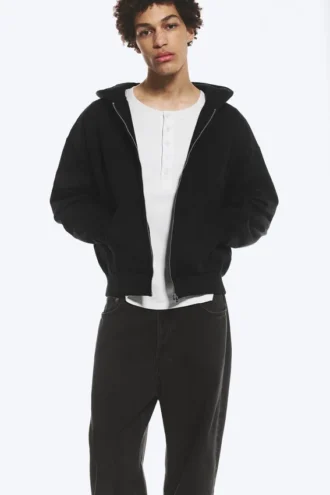 Sudadera con capucha y cremallera de corte holgado – Negro Sudadera con capucha y cremallera de corte holgado – Negro