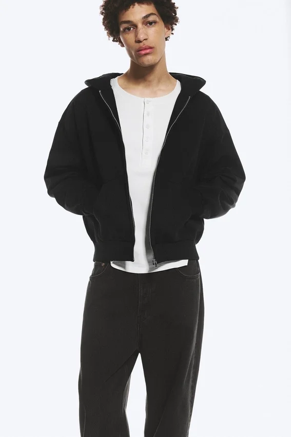 Sudadera con capucha y cremallera de corte holgado – Negro Sudadera con capucha y cremallera de corte holgado – Negro