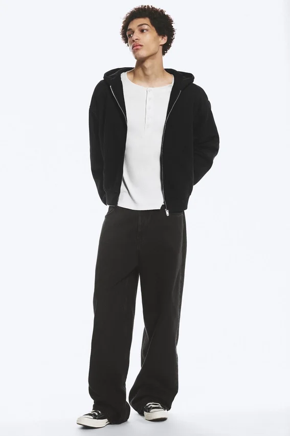 Sudadera con capucha y cremallera de corte holgado – Negro Sudadera con capucha y cremallera de corte holgado – Negro