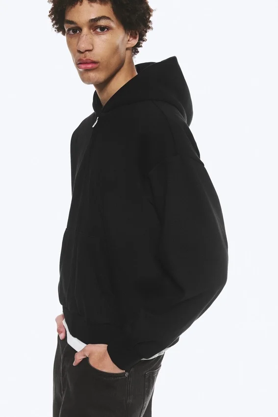 Sudadera con capucha y cremallera de corte holgado – Negro Sudadera con capucha y cremallera de corte holgado – Negro
