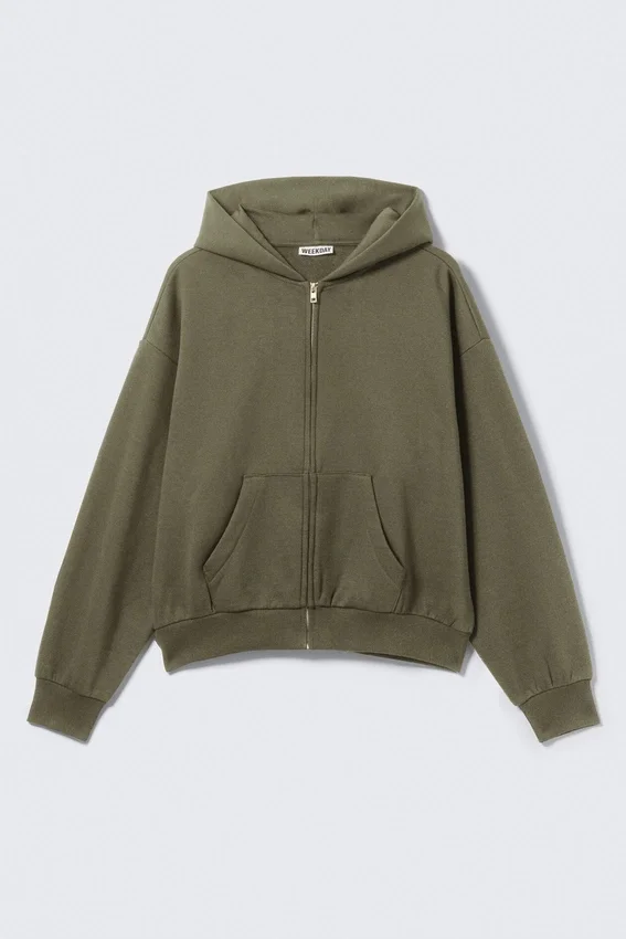 Sudadera con capucha y cremallera de corte holgado – Verde oscuro lavado Sudadera con capucha y cremallera de corte holgado – Verde oscuro lavado