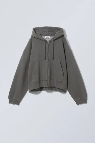 Sudadera con capucha y cremallera de corte holgado y tejido grueso – Gris oscuro